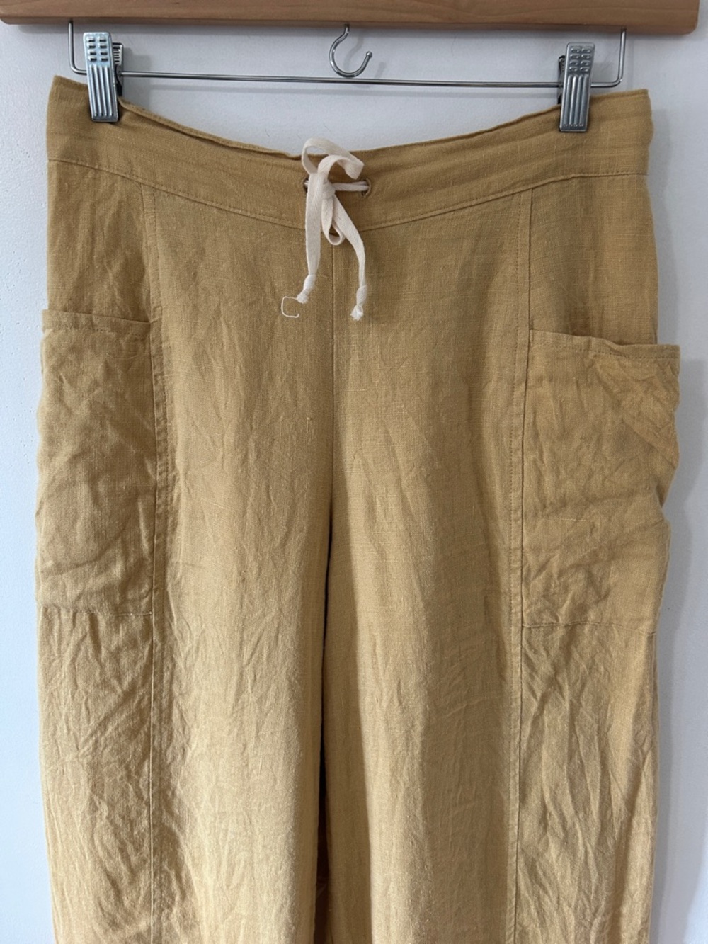 Flax Linen Wide-Leg Pants Women’s S Mustard Yellow Elastic Waist Beach Casual - Picture 2 of 16
